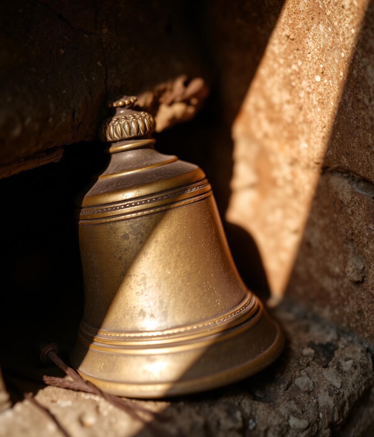 A brass bell in a sunlit stone niche — grounding, mindfulness, clarity